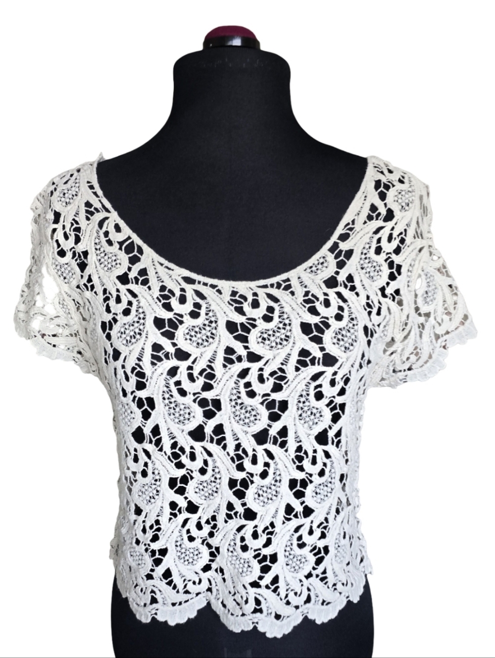 Miss Patina Ivory Crochet Lace Short Sleeve Top Size M 100% Cotton